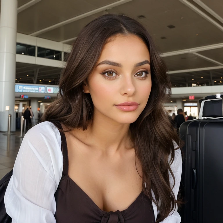 Femme latino, Fille sexy aux yeux marrons, very realistic, , , wavy brown hair and big eyes,une jeune femme, , avec du maquillage, Maquillage naturel, regarder la caméra, maquillage subtil, Superbe photo de tout le corps debout, Medium to large bust, en tenue original, who is at the airport with a suitcase