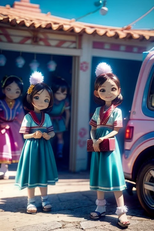 The following scenes will be made into toy camera photos.(morning、 Posing in front of colorful EVs in a parking lot near the beach、 National costume、ethnic hair ornament、Ethnic characteristic shoes、smile、shining light)