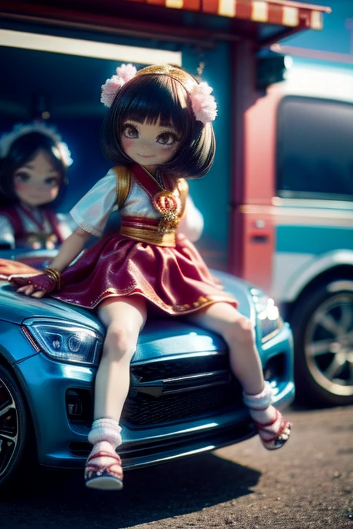 The following scenes will be made into toy camera photos.（morning、 Posing in front of colorful EVs in a parking lot near the beach、 National costume、ethnic hair ornament、Ethnic characteristic shoes、smile、shining light）

