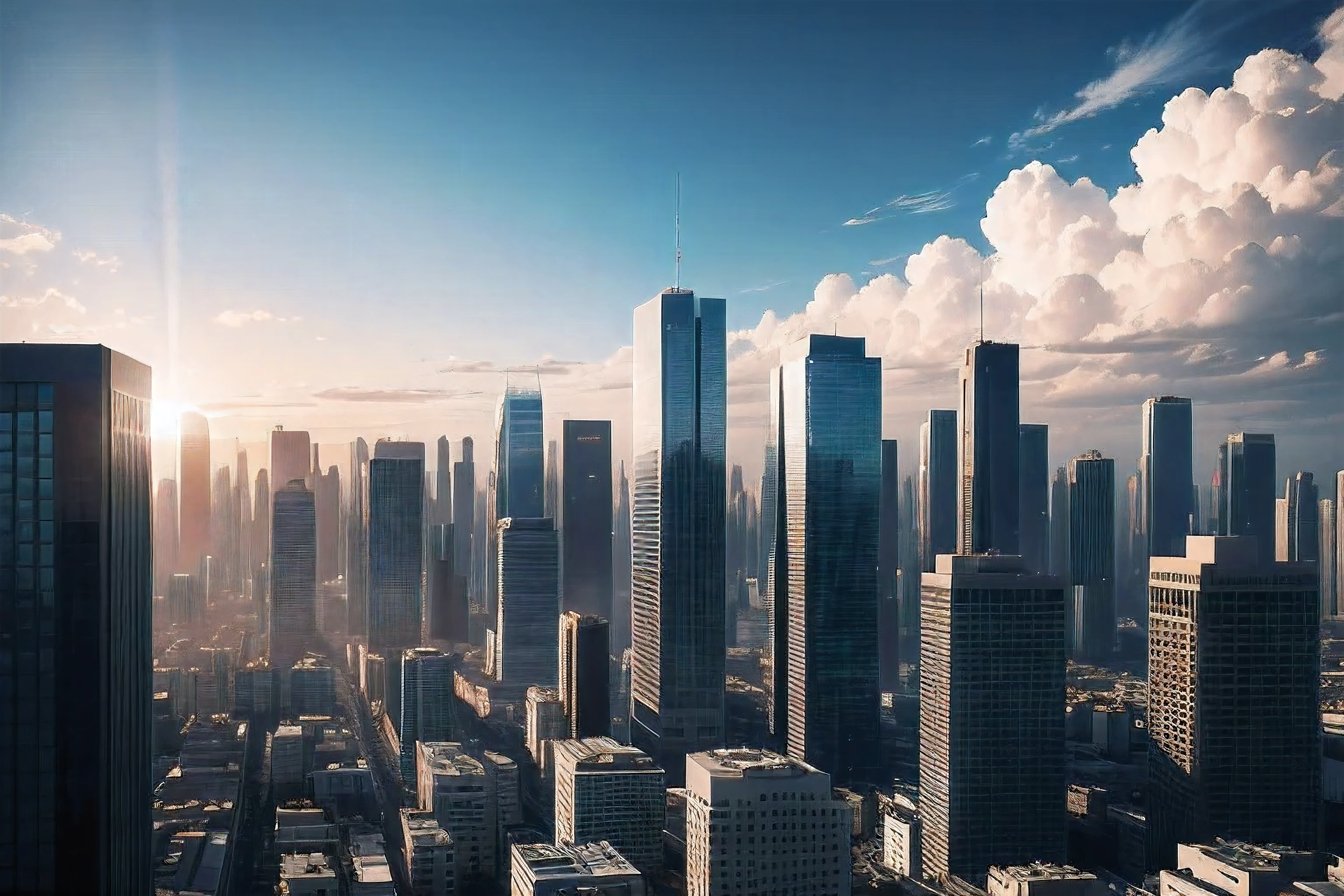4K Real Image、Beautiful blue sky、Flat silhouette of buildings、A dark silhouette against the backlight