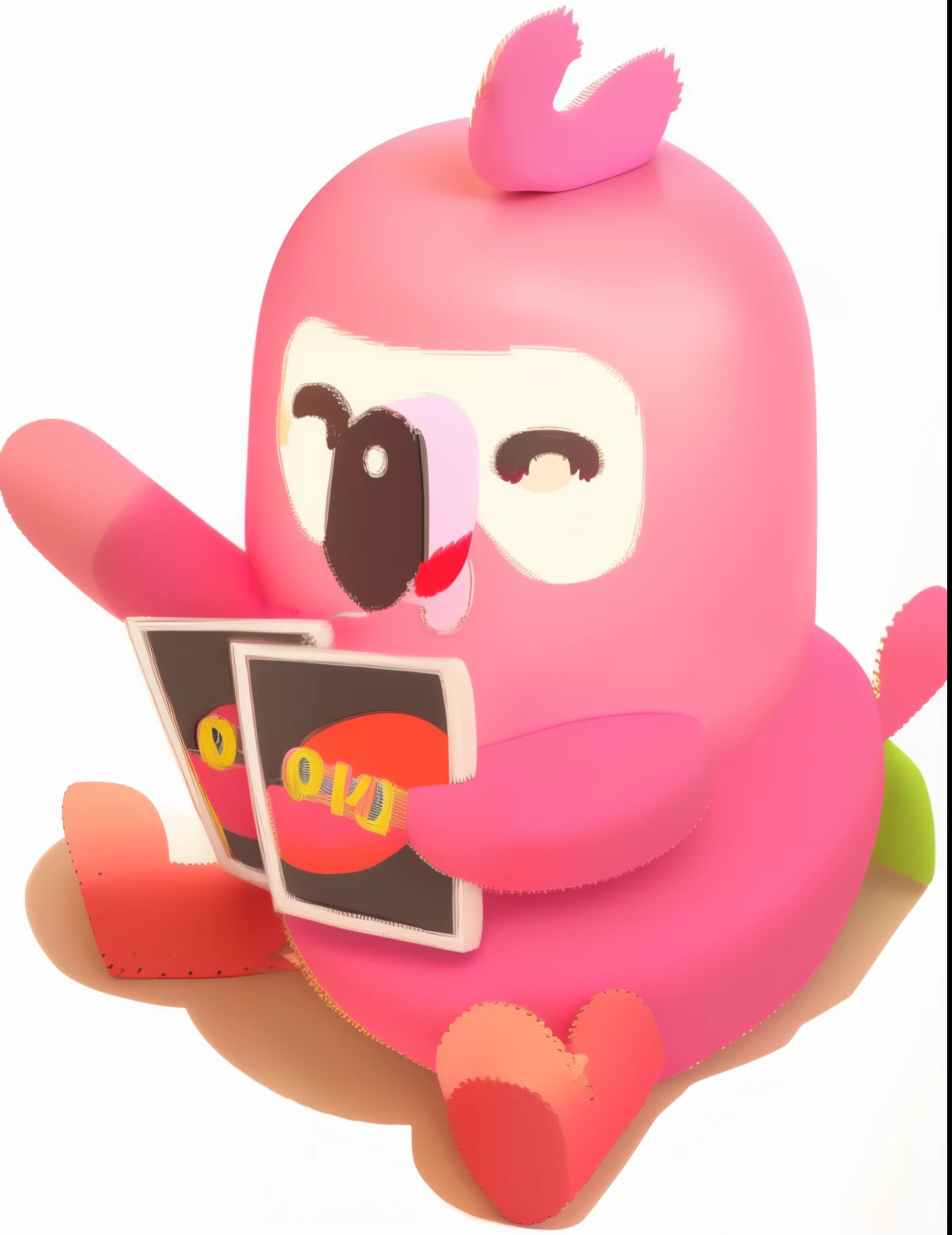 A cute little pink flamingo doll, round and cute, pink, sitting, holding a deck, SD, HD, 3D chibi, beautiful 3D Disney painting style, model sense, cute!