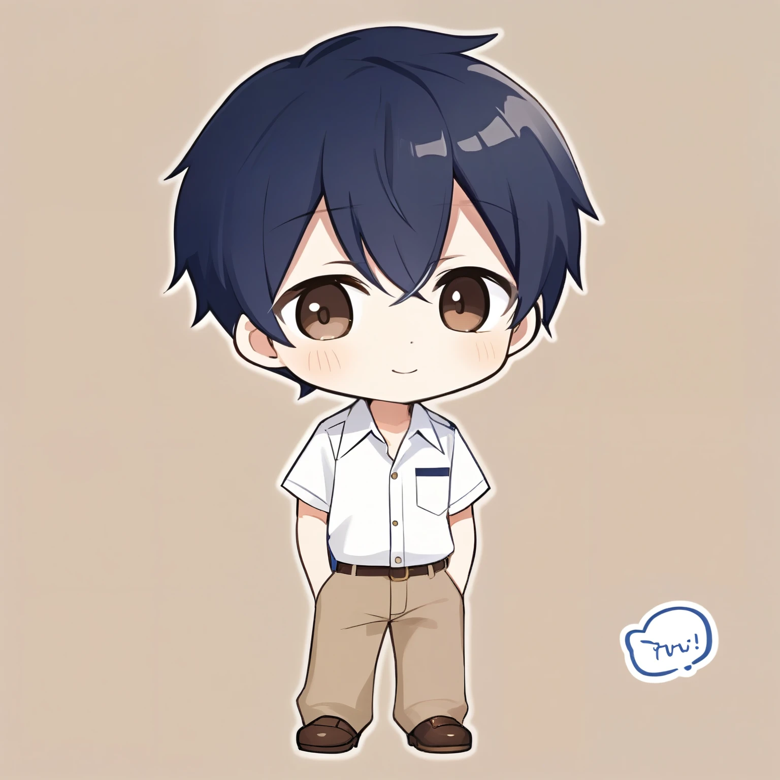 chibi, boy, navy hair, white shirt, short brown pants, happy, fun