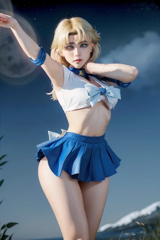 Beautiful girl、Sailor Moon, Beautiful Blue Eyes、Whole Body Ezbian、Double good, Long twin tails, Blonde hair that is almost yellow、Beautiful blonde long hair、Parted bangs, Circlet, A cute 19 year old face、Putting his hands behind his back、choker, White gloves, Blue Skirt、Bullish girl、Thighs Thighs Thighs Thighs、Big Breasts、Large Breasts、Big Hips、Put your hands behind your back、Put your hands behind your back、Beautiful breasts、Beautiful feet、Big red ribbon on chest、full moon、Night Scenery、Building lighting、White panties、Skirt fluttering in the wind。