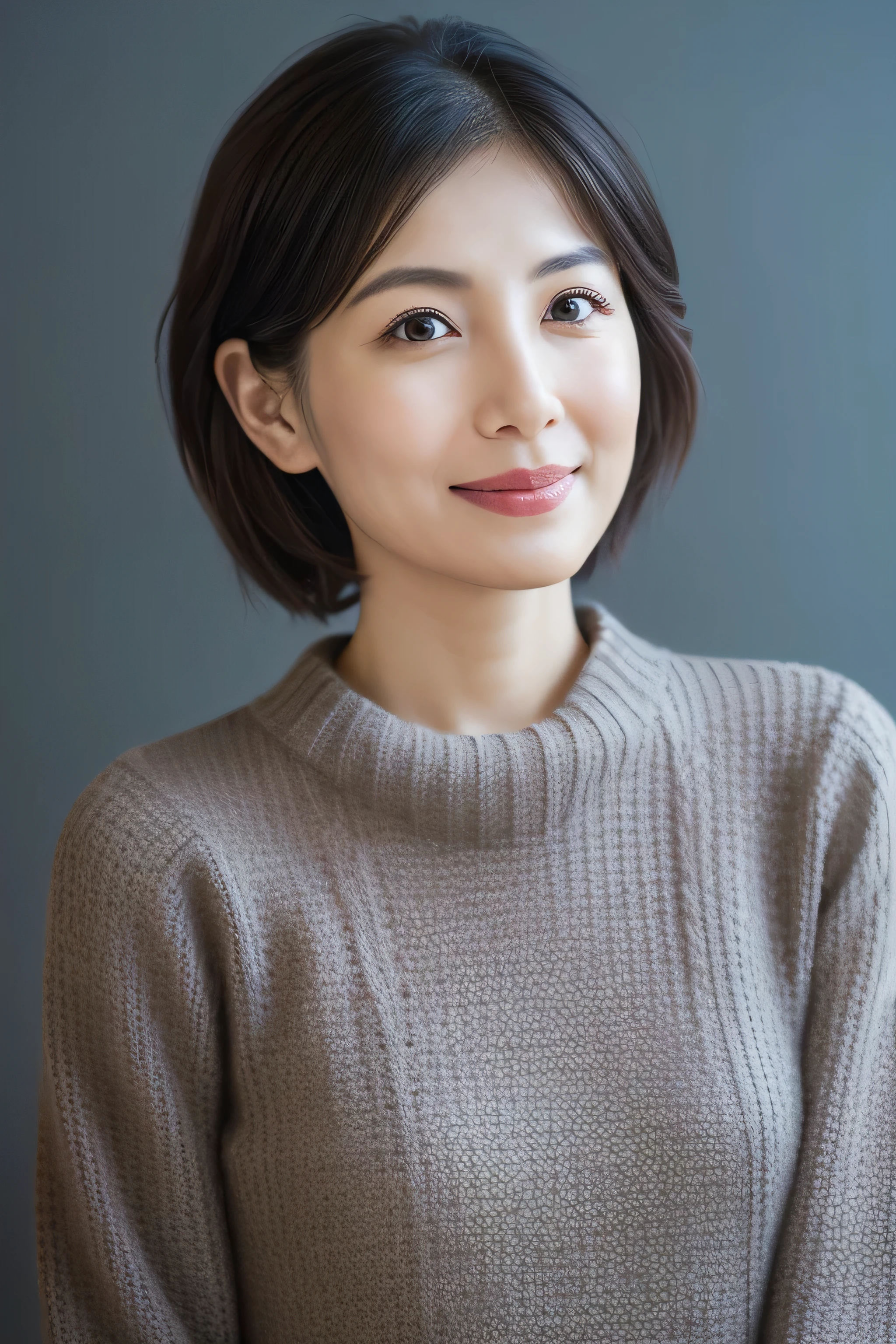 (Very detailed CG Unity 8K wallpaper,Tabletop, highest quality, Very detailed, Looking at the camera:1.2, Light on the face:1.5, Gray background, Professional Lighting), Residing in Japan３０Old woman、short hair, Black-haired, Fuller facial contours:1.5, (Thin eyebrows:1.25), Big, bright eyes, Nose is too small, Soft mouth, Physically slim, (Wear a shirt under your sweater), Impression of sincerity, Noble Mix Modification v3.0