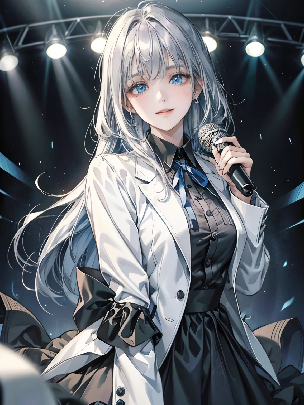 1 girl、blouse、Long grey hair、Bright Blue Eyes、Hair Arrangement、Black Shirt、White Blazer、Wear a blue ribbon on your chest、Smiling Girl、Droopy eyes、Droopy eyes、17 years old、Straight Bangs、Best image quality、Simple clothes、White Background、Eye highlights、Singer Girl、sing、Idol、microphone