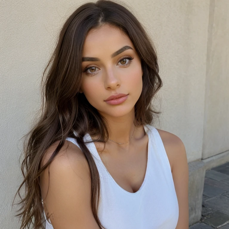 Femme latino, Fille sexy aux yeux marrons, very realistic, , , wavy brown hair and big eyes,une jeune femme, , avec du maquillage, Maquillage naturel, regarder directement la caméra, maquillage subtil, Superbe photo de tout le corps debout, Medium to large bust, , qui fait du tennis