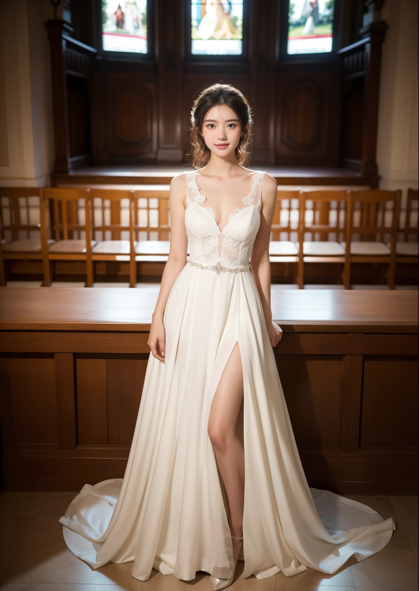 Beautiful 17 year old  woman。She is wearing a wedding dress. She is smiling on illuminated by the evening church lights . romantic sunset. her dark brown hair. High resolution、masterpiece、highest quality、頭w:1.0、((Hasselblad Photos))、fine skin、(movie lighting)、clavicle . full body picture.