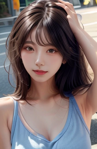  woman, long hair, white skin, korean, double eyelids, black oversized tank top, normal breast, beautiful eyes, armpit, two arms behind head, brown eyes, daylitght, in the street facing forward, high detail, 8k, high quality, HD, highres, UHD, detailed face, posing on camera, eyes looked at one of the armpit, rounded eye, hair on the side placed infront of shoulder, smile, 