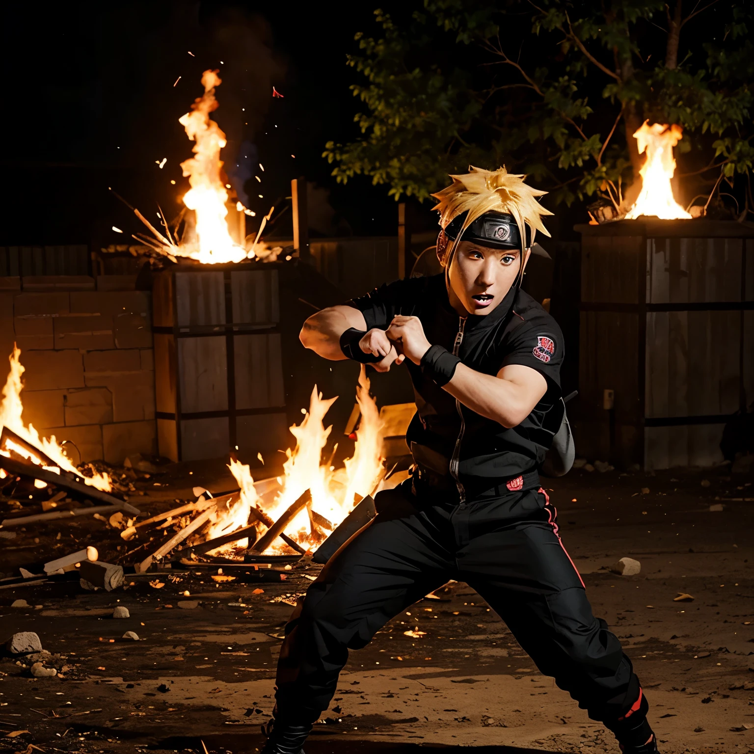 Anime charecter naruto fighting in a fire 