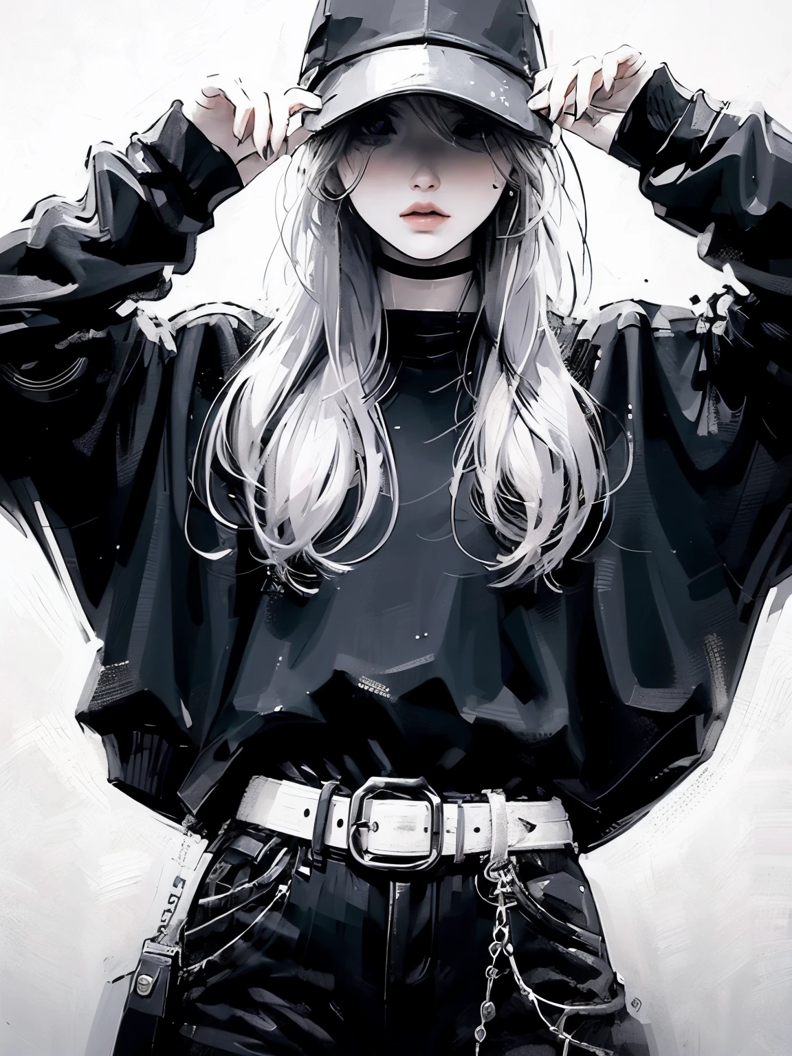 One girl, Black Cap, Silver long hair, 