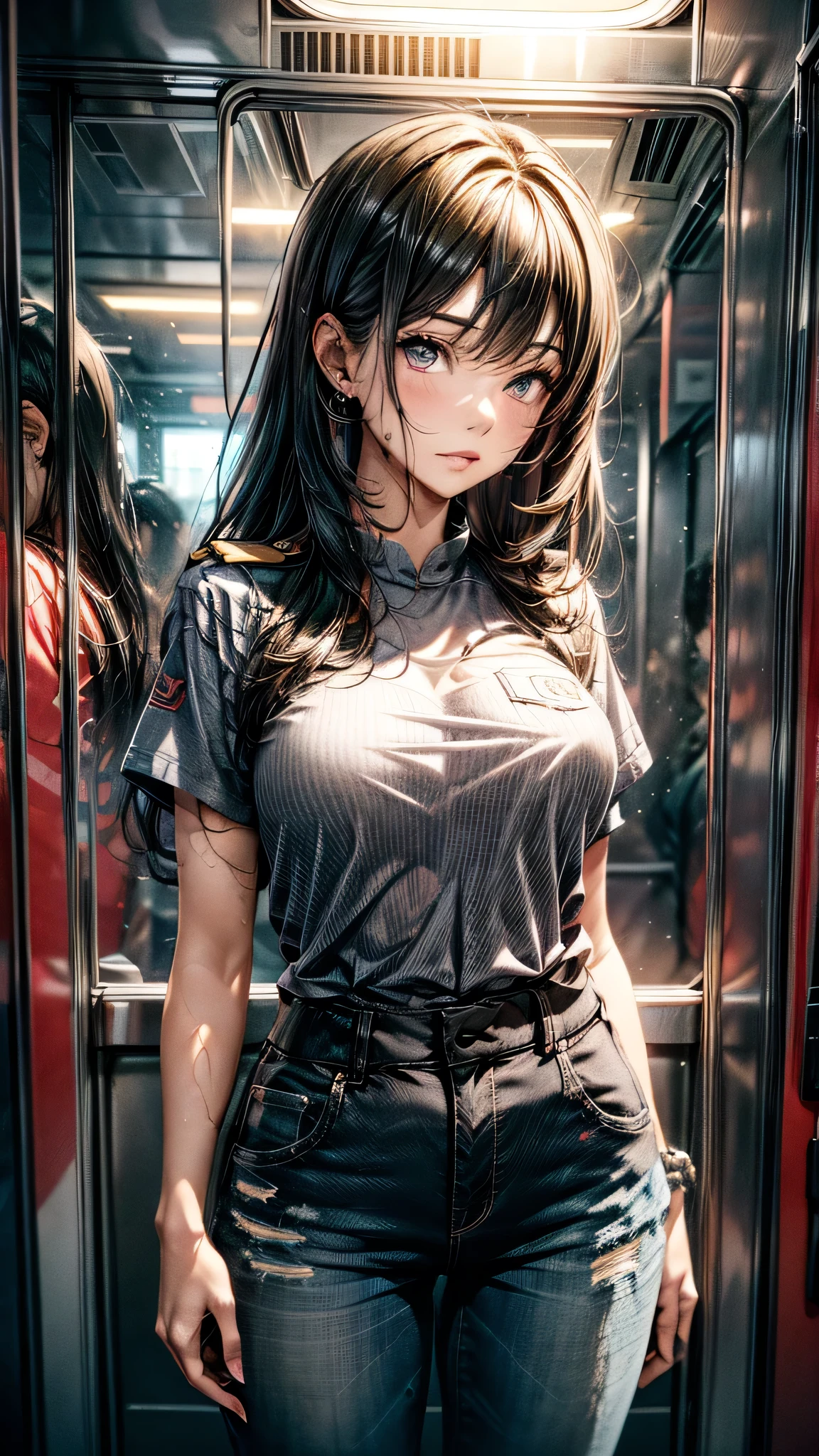最high quality、Best image quality、masterpiece、girl((18-year-old、 By becoming、Best Bust、Medium Bust,Wide open breast tea、Red glowing eyes,Black Hair、Red Mesh、Disheveled Hair、Lointail、thin,The highest valley、Open chest、Luminous Wristbands、hair ornaments、Show the whole body,Black short sleeve T-shirt、Short denim trousers、Cool image, cool pose、My whole body is wet)),high quality、Beautiful art、background((Photography room))、Flight、Flying debris、Written boundary depth、movie、Visual Arts、Perfect art、8K,Genuine,
