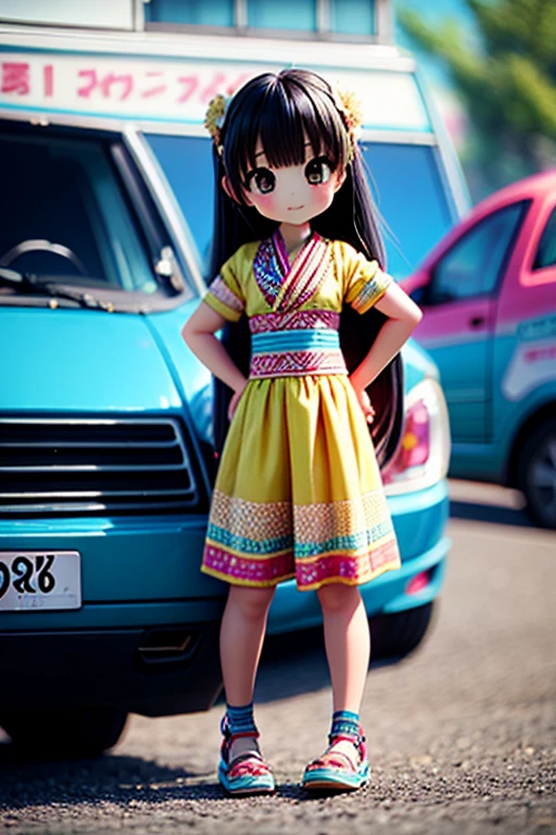 The following scenes will be made into toy camera photos.（morning、 Posing in front of colorful EVs in a parking lot near the beach、 National costume、ethnic hair ornament、Ethnic characteristic shoes、smile、shining light）
