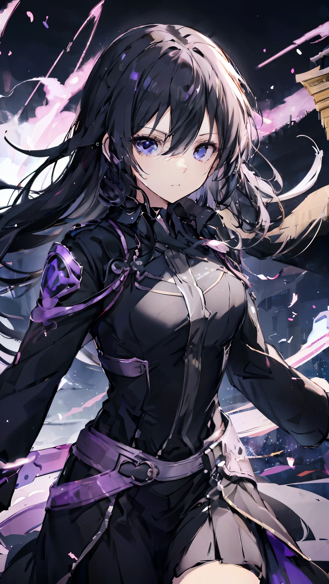 Female Kirito，Purple Eyes，Two Dimensions，anime style，one person（Female Warrior），Correct proportions，Facial details，swordsman，Black skirt，黑色Long hair，neck details，There is an Adam&#39;apple，Set，joke，robe，Clothing details，surrender，Long sleeve，Game quality，sword fight，Ray Tracing，Ray Tracing，Delicate glow，CG Rendering，Hair details，Charming eyes，fair，（Girlish feeling），The costumes are complicated，In the woods，night，Starry Sky，perfect composition，Refinement，high quality，More details，Lots of details，Complex background，Sense of atmosphere，Long hair，Purple Eyes，Black Silk，One or two dislike、Heavy chest