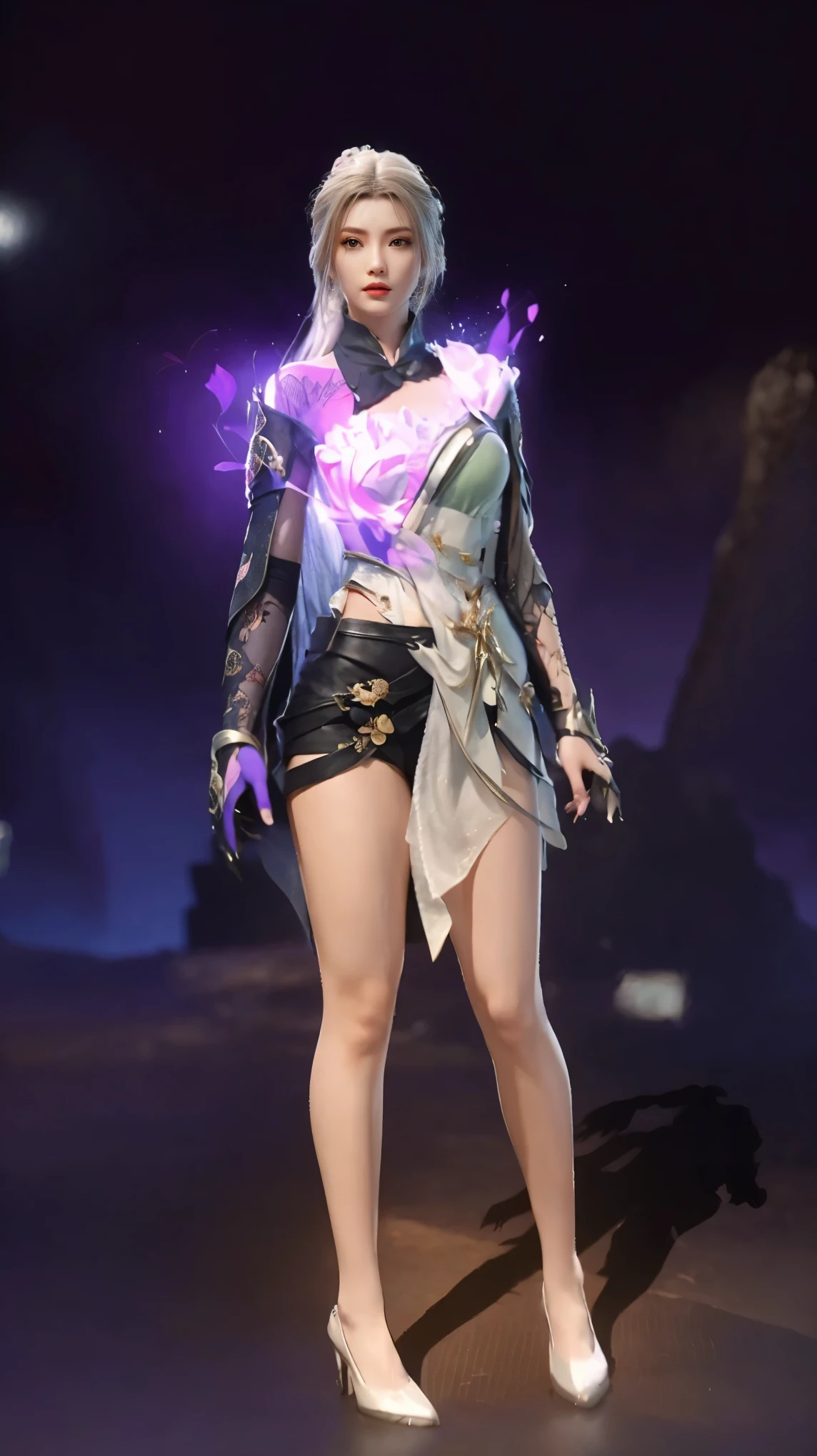 Solo, 1 Beautiful Female, Wuxia World, (1 Girl), (Full Body), (Xiuxian World), Chinese Immortal Wuxia, (Purple Cross-collared Top, Ancient Long Skirt, Embroidered Cape, Streamer), Brunette Hair, Chinese Coiled Bun, Hairpin, Light Pink Lips, Calm, Intellectual, Delicate Face, Masterpiece, Best Quality, High Quality, High Definition, High Quality Texture, High Quality Shadows, High Detail, Cinematic Light, Side Lighting, Ray Tracing, Sharp Focus, Realistic, Edge Light, Two-tone Light, (Detailed Skin Details: 1.2), 8k uhd, SLR, soft light, high quality, high resolution, (very detailed CG unity 8k wallpaper)