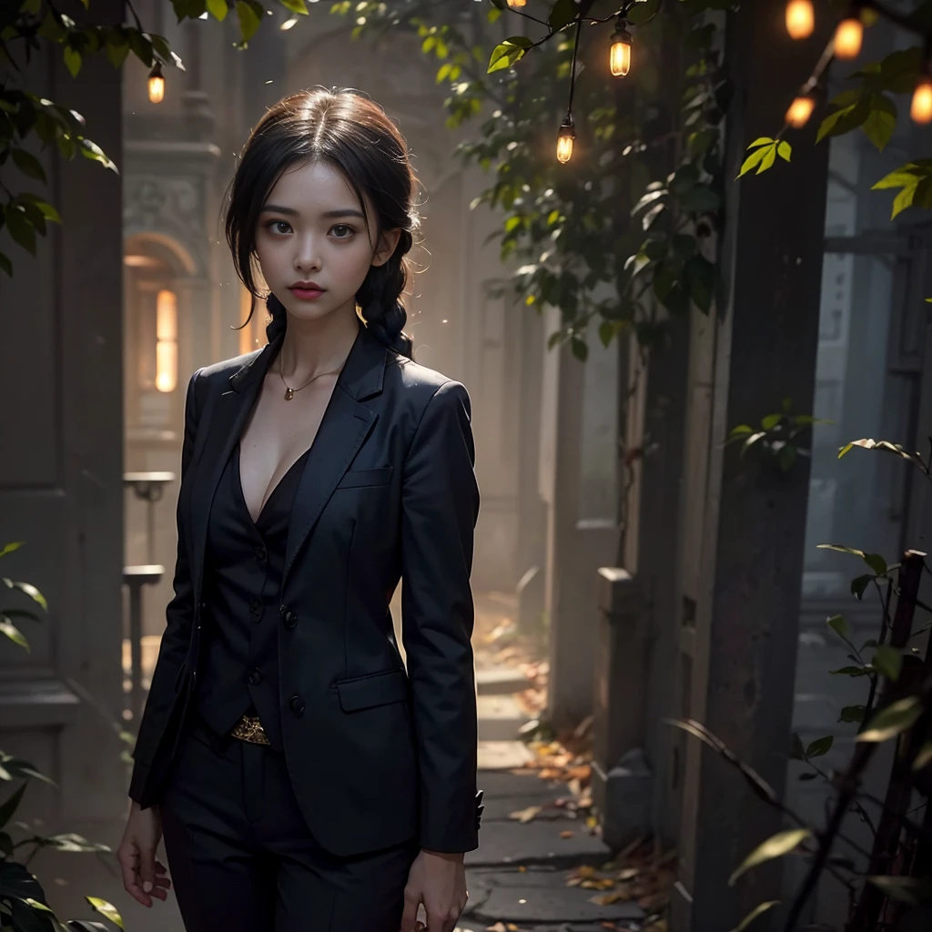 solo, (Very detailed CG unified wallpaper 8k), (best quality), (Best Illustration), (Best shadows), (Gloomy background at night, gloomy and hopeless, Dark Dramatic Lighting, Vignette), Realistic eyes, Beautiful face, 1 Girl with perfect figure, With blue braids, Long braids, ((doom)). wide cleavage, ((She wears a suit:1.5)), She put her hands in her pockets, ((Perfect anatomical structure)), Gothic, Burnt orange gradient, surrounded by tender Leaves and branches, 带有firefly和发光粒子效果, (Natural Elements), (Leaves), (Branches), (firefly), Butterfly, (Tender Leaves), (glow), (Particle Effects). , Fantasy Art, Bokeh, Octane Rendering, Ray Tracing, Over-refinement.