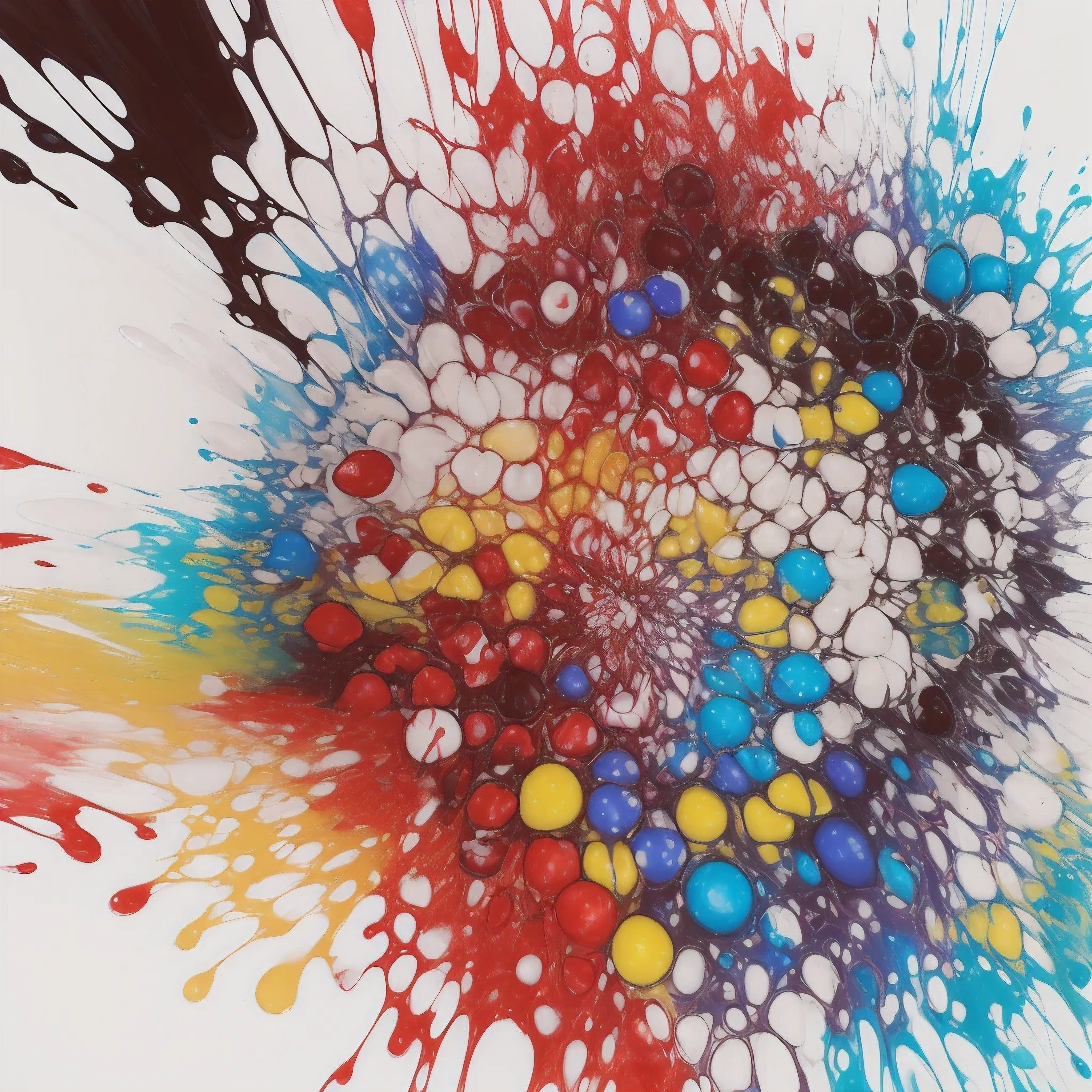 hyperrealism ((((A person turns into candy and explodes))) So many colorful candies, candy, Chocolate, gummy bear, NO PEOPLE, (masterpiece, best quality, high resolution), white background, ((paint splash, color splash, ink stain, color splash)), millions of candies. candy explodes. color splash, candy pours out. zero gravity, Filming the pouring candies with a high-speed camera, Ratio of candy to background 1:1, intense color