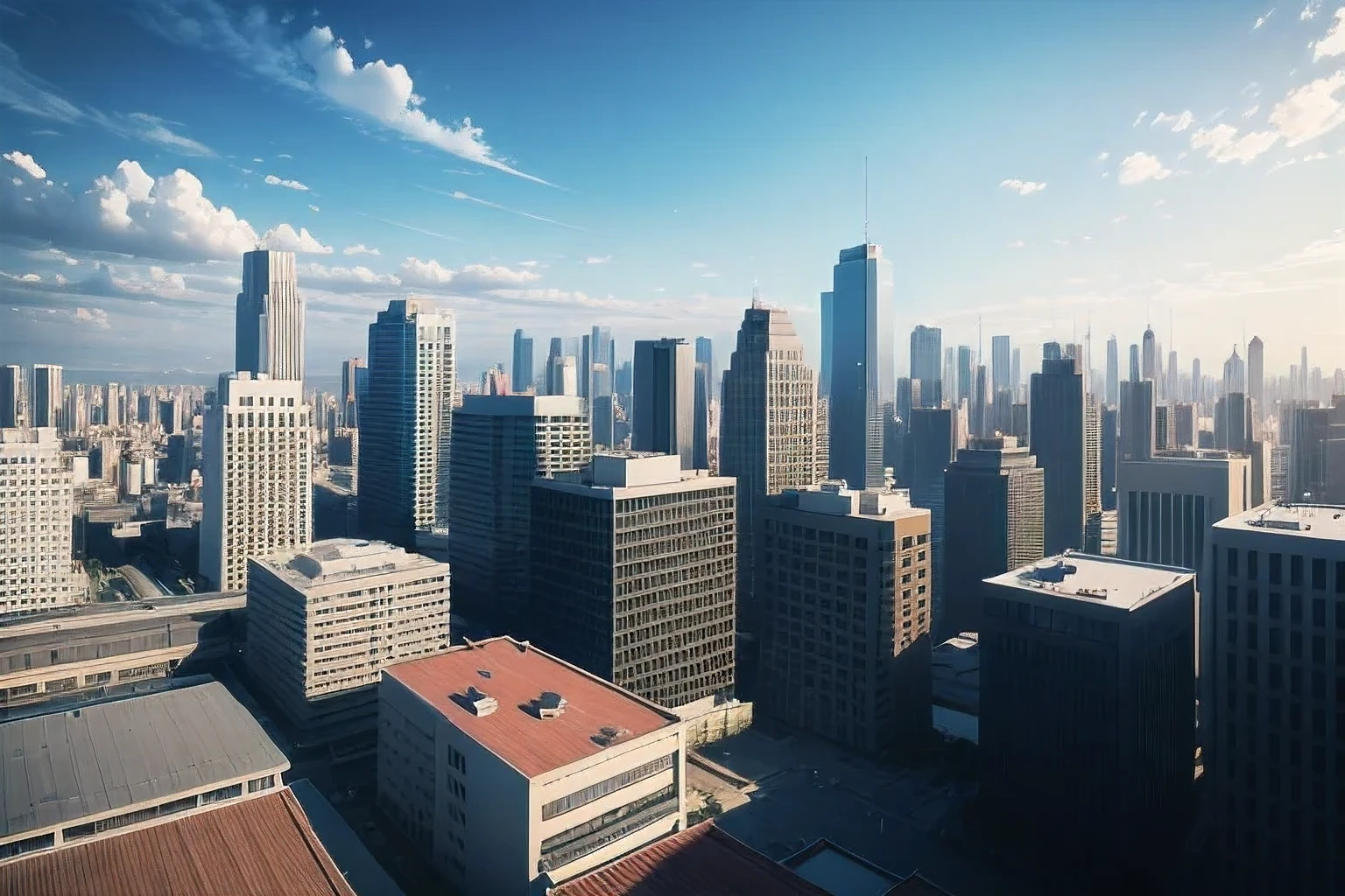 4K Real Image、Beautiful blue sky without clouds、Flat silhouette of buildings、A dark silhouette against the backlight