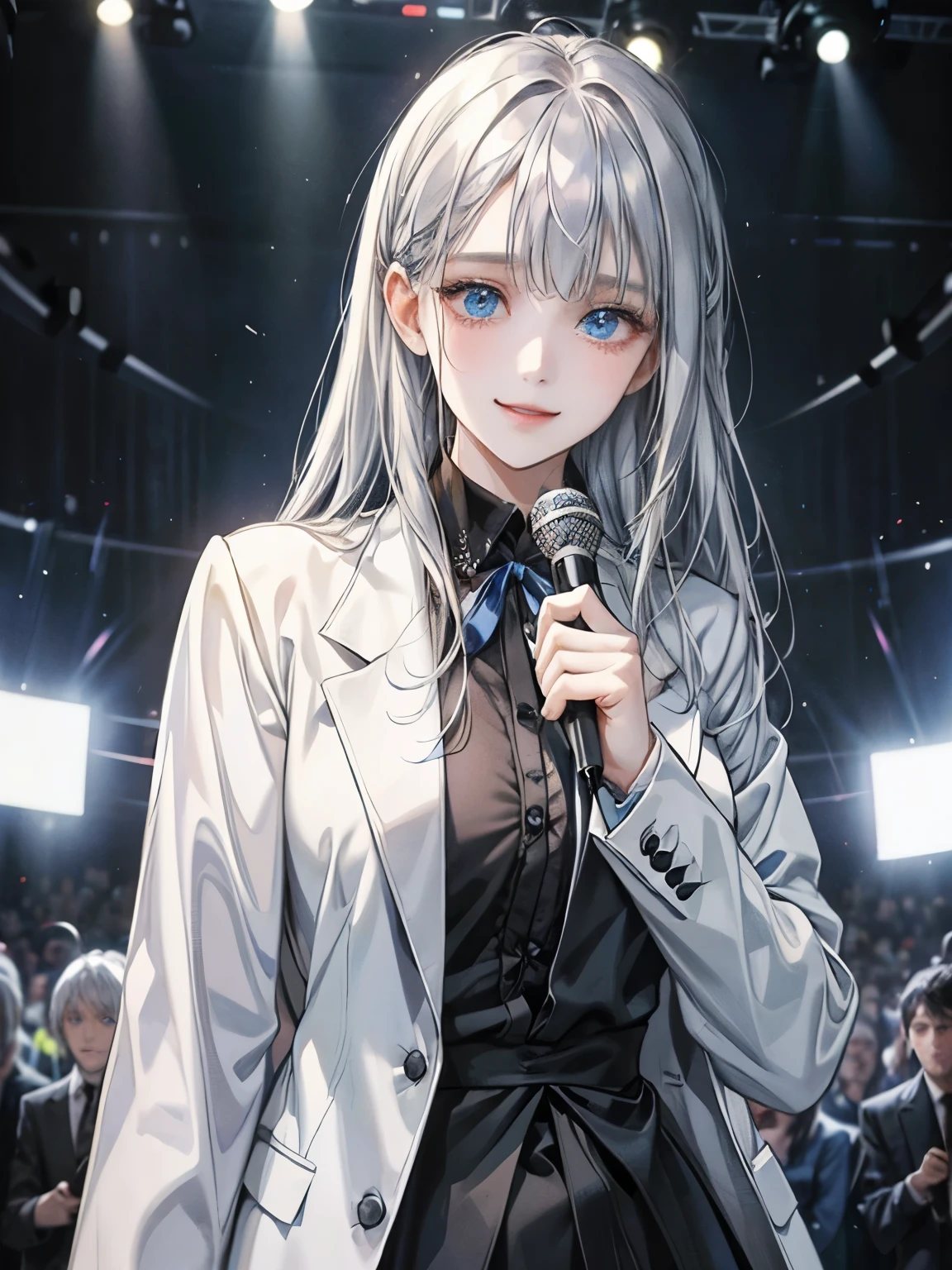 1 girl、blouse、Long grey hair、Bright Blue Eyes、Hair Arrangement、Black Shirt、White Blazer、Wear a blue ribbon on your chest、Smiling Girl、Droopy eyes、Droopy eyes、17 years old、Straight Bangs、Best image quality、Simple clothes、White Background、Eye highlights、Singer Girl、sing、Idol、microphone