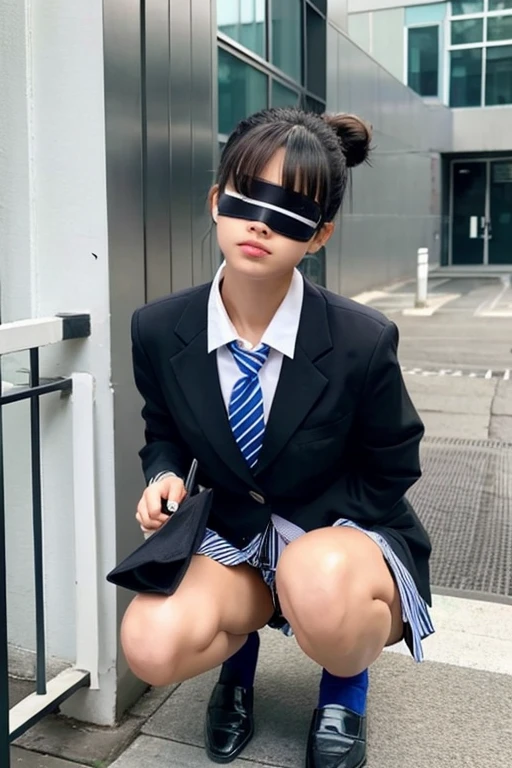 Beauty、Black blazer、Black and white striped skirt、Blue tie、Short socks、loafers、squat、Blindfold、Bangs bun hairstyle
