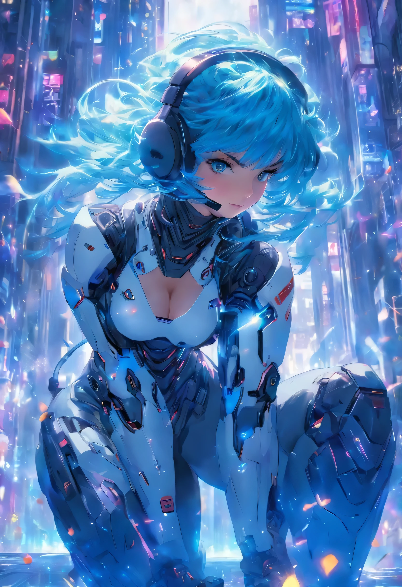 (masterpiece, highest quality, highest resolution, distinct_image, detailed details): (Solo, lone girl, Japan face, blue-haired girl, short hair, full body figure, small size breasts, sparkling blue colored eyes, pilot suit in metallic tone white and blue, black color, tight fit clothes, clothes covering the whole body, beauty, slim body, exoskeleton, knee boots, heroine, supine, Thighs open from side to side, arm-length gloves, headset)