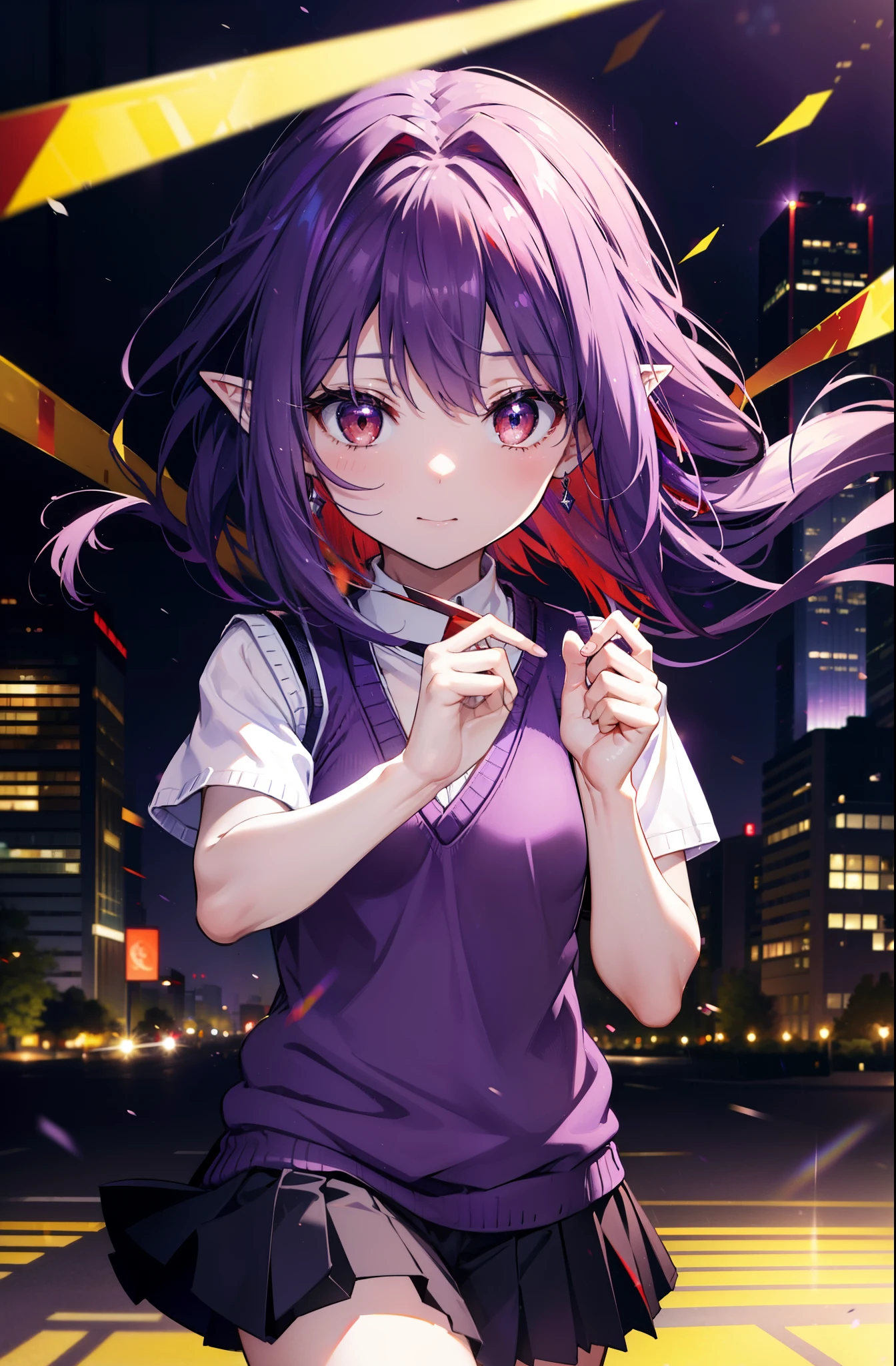 yuukikonno, Yuki Konno, hair band, Long Hair, Pointy Ears, Purple Hair, (Red eyes:1.5), (Small breasts:1.2), smile,White shirt,Sweater vest, (purple Sweater vest:1.5),Short sleeve,,Black pleated skirt,black tights,Brown Loafers,Toast in the mouth, running, City Street,morning,morning日,sunrise,Walking,whole bodyがイラストに入るように,
break looking at viewer, whole body,
break outdoors, Residential Street,crowd, people々々々々,
break (masterpiece:1.2), highest quality, High resolution, unity 8k wallpaper, (shape:0.8), (Beautiful and beautiful eyes:1.6), Highly detailed face, Perfect lighting, Highly detailed CG, (Perfect hands, Perfect Anatomy),