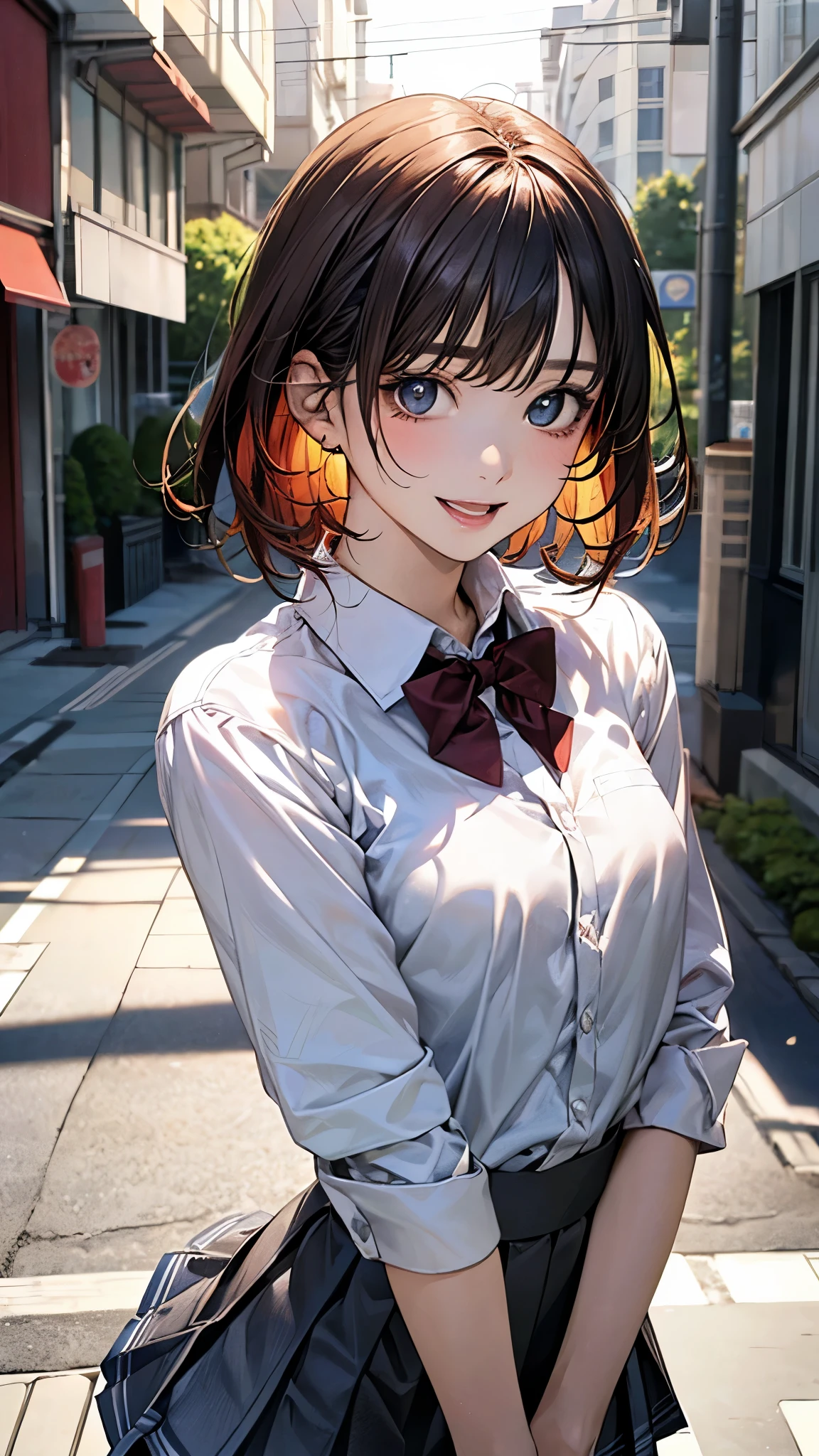 (masterpiece:1.2, top-quality), (realistic, photorealistic:1.4), beautiful illustration, (natural side lighting, movie lighting), nsfw, 
looking at viewer, (face focus, upper body), 1 girl, japanese, high school girl, perfect face, cute and symmetrical face, shiny skin, 
(short hair:1.2, straight hair, blue hair), swept bangs, blue eyes, big eyes, long eye lasher, (medium breasts), slender, dark red hair ribbon, 
beautiful hair, beautiful face, beautiful detailed eyes, beautiful clavicle, beautiful body, beautiful chest, beautiful thigh, beautiful legs, beautiful fingers, 
((white collared shirts, grey pleated mini skirt), break, dark red bow tie), yellow hair clip, grey school bug, 
(beautiful scenery), morning, (street:1.2), walking, {hands between legs | hands on chest}, (lovely smile, open mouth small),
