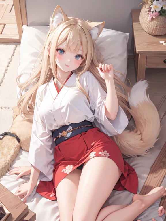 masterpiece, highest quality, Very detailed, 16k, Ultra-high resolution, Cowboy Shot, One , Detailed face, Perfect Fingers, Fox Ears, tail, Golden Eyes, Blonde, Long Hair, Red kimono, White panties, japanese mansion, wooden building, Japanese garden, Ishigaki, Gravel road, Big Stone, Plants, Go out to the garden, Lie down