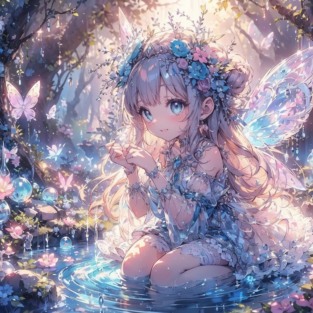(Exquisite, beautiful, Very detailed, masterpiece, High resolution,high quality,High resolution),(Well-formed face,Soft and thin lines: 1.2, beautiful, Delicate and vivid illustrations with a mature and clear feel) , A beautiful fairy princess with fairy wings is playing happily by the water, getting soaked all over her body, in a clear, beautiful tropical setting.,(Beautiful, clear fairy wings grow from her back.), (A happy and joyful smile), She is wearing a pearl tiara, earrings, and choker, as well as a pastel-colored swimsuit decorated with ribbons and frills., (A fair-skinned, short eyebrowed fairy with pale pink cheeks, a small toothless mouth with plump pink lips, beautiful eyes, and a fairly large, fluffy bust.),Vibrant and eye-catching colors,Fantastic and dreamy,