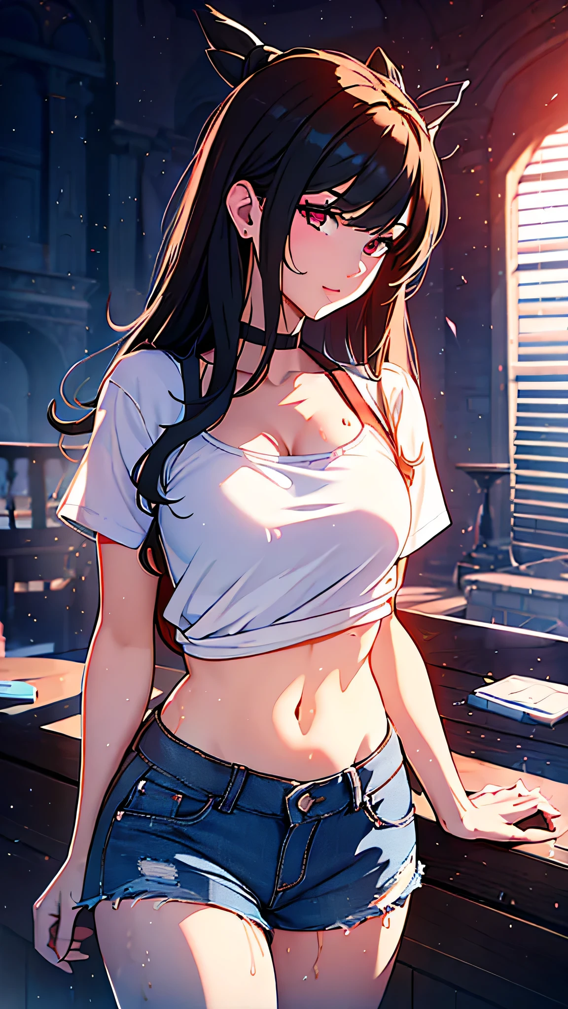 最high quality、Best image quality、masterpiece、girl((18-year-old、 By becoming、Best Bust、Medium Bust,Wide open breast tea、Red glowing eyes,Black Hair、Red Mesh、Disheveled Hair、Lointail、thin,The highest valley、Open chest、Luminous Wristbands、hair ornaments、Show the whole body,Black short sleeve T-shirt、Short denim trousers、Cool image, cool pose、My whole body is wet)),high quality、Beautiful art、background((Photography room))、Flight、Flying debris、Written boundary depth、movie、Visual Arts、Perfect art、8K,Genuine,