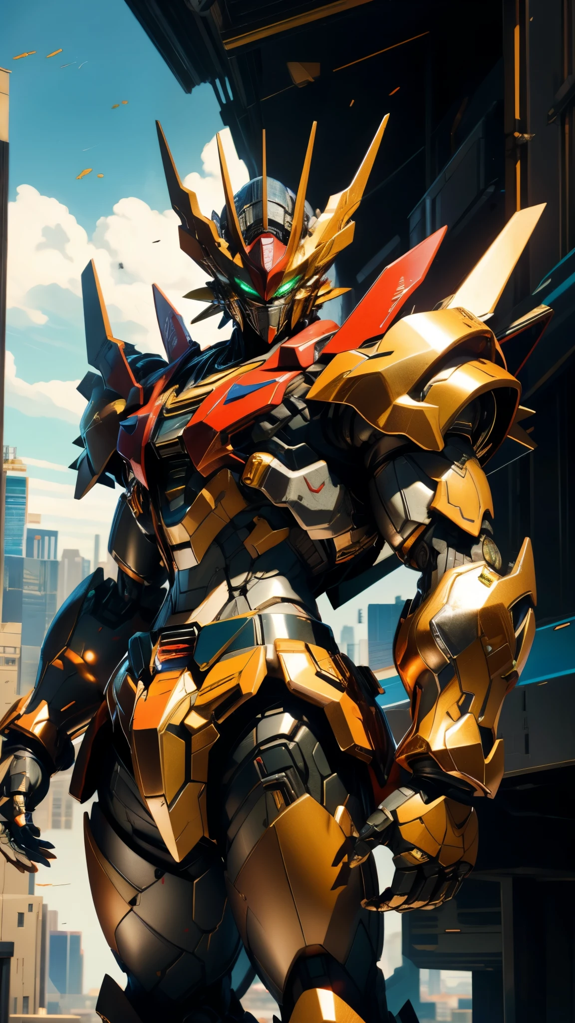 A man wearing a full-face helmet, a fantasy-style biotech armored combat suit, green eyes, (a composite layered chest armor), fully enclosed shoulder guards, matching arm and leg guards, the belt is adorned with Z mark, (the color scheme is primarily white with red and blue accents), the design balances heavy with agility, a high-tech bio-mecha armor, (Armor Concept Inspired by Mazinger Z, stand on the top of a skyscraper in a futuristic sci-fi city), this character embodies a finely crafted fantasy-surreal style armored hero in anime style, exquisite and mature manga art style, (battle damage, element, plasma, energy, the armor glows), ((male:1.5)), metallic, real texture material, dramatic, high definition, best quality, highres, ultra-detailed, ultra-fine painting, extremely delicate, professional, perfect body proportions, golden ratio, anatomically correct, symmetrical face, extremely detailed eyes and face, high quality eyes, creativity, RAW photo, UHD, 32k, Natural light, cinematic lighting, masterpiece-anatomy-perfect, masterpiece:1.5