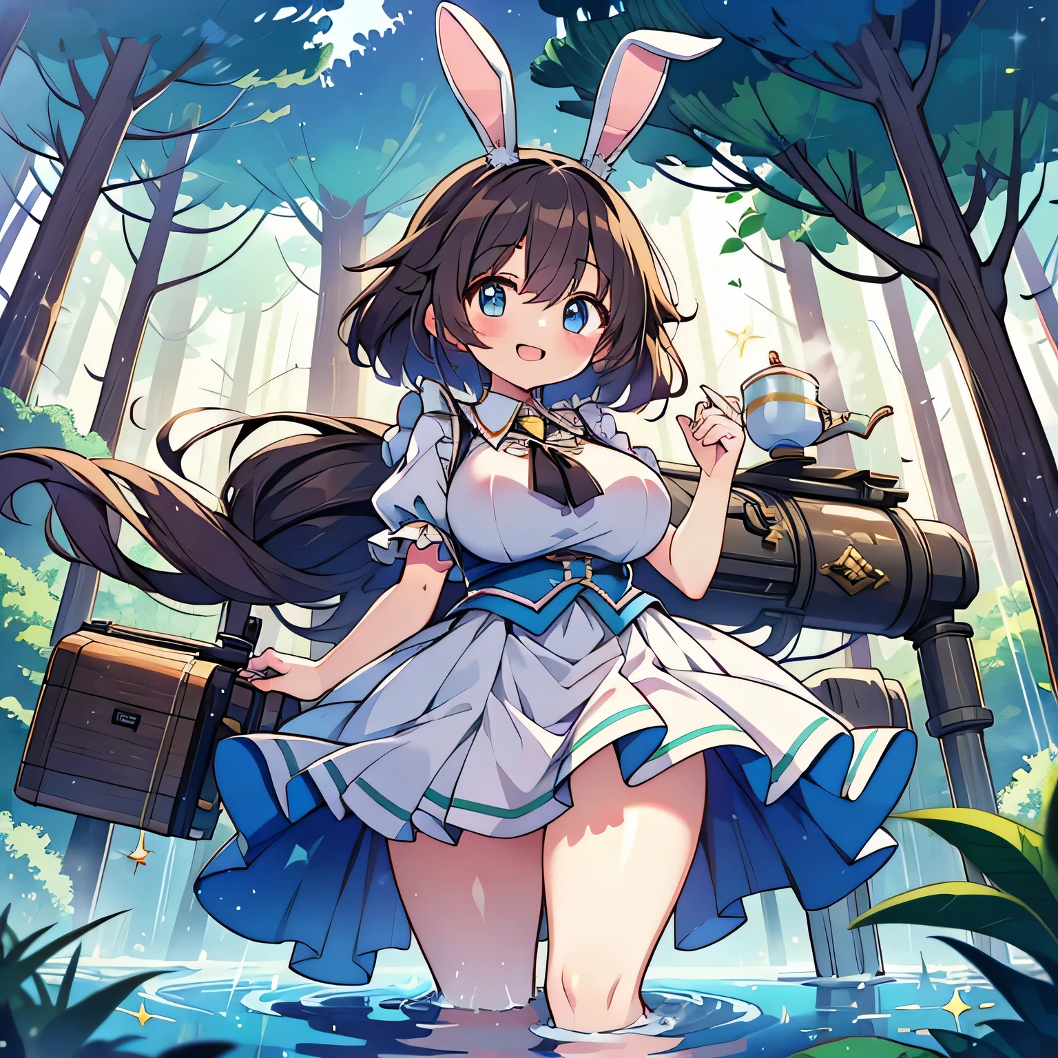 Anime illustration、highest quality、Fairy tale、Fantasy、Alice in Wonderland、plump female traveler、Bunny ears、A luxurious forest tea ceremony、Long machine、Thick legs、Beautiful, shining eyes、smile、Noise Reduction