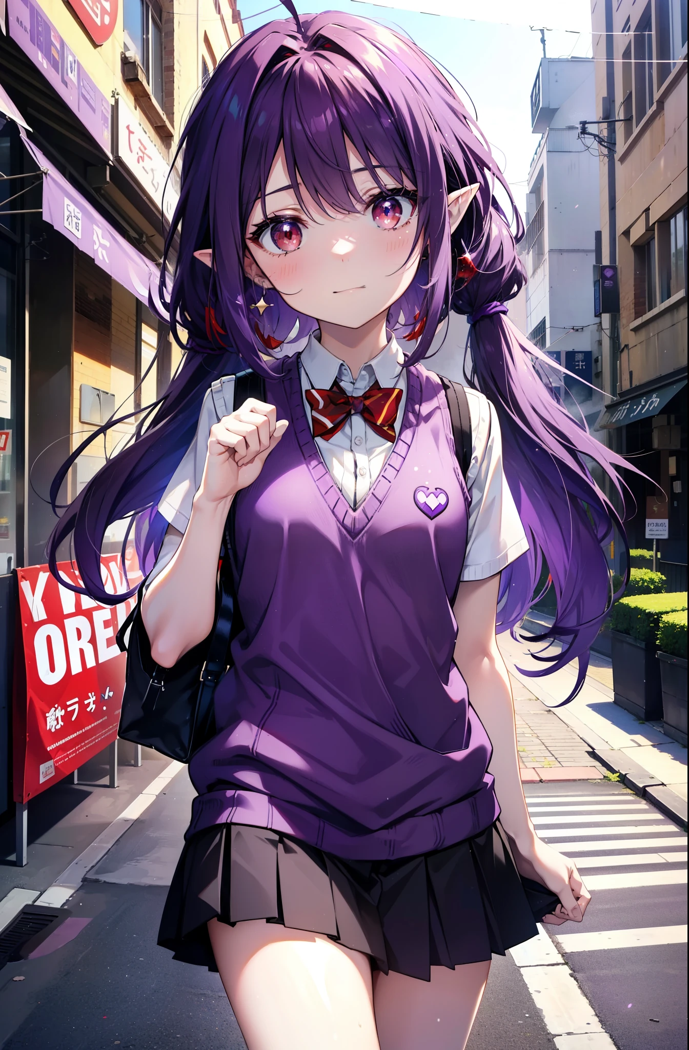 yuukikonno, Yuki Konno, hair band, Long Hair, Pointy Ears, Purple Hair, (Red eyes:1.5), (Small breasts:1.2), smile,White shirt,Sweater vest, (purple Sweater vest:1.5),Short sleeve,,Black pleated skirt,black tights,Brown Loafers,Toast in the mouth, running, City Street,morning,morning日,sunrise,Walking,whole bodyがイラストに入るように,
break looking at viewer, whole body,
break outdoors, Residential Street,crowd, people々々々々,
break (masterpiece:1.2), highest quality, High resolution, unity 8k wallpaper, (shape:0.8), (Beautiful and beautiful eyes:1.6), Highly detailed face, Perfect lighting, Highly detailed CG, (Perfect hands, Perfect Anatomy),