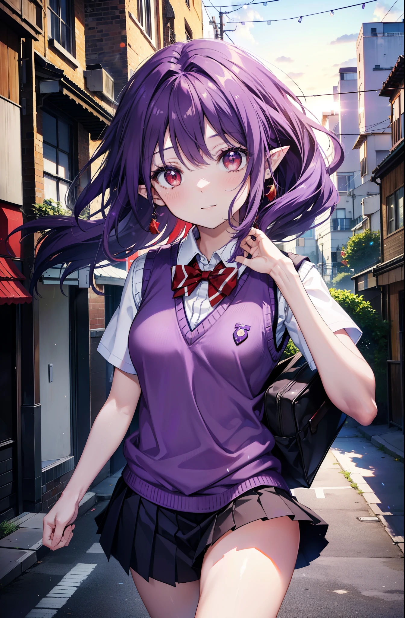 yuukikonno, Yuki Konno, hair band, Long Hair, Pointy Ears, Purple Hair, (Red eyes:1.5), (Small breasts:1.2), smile,White shirt,Sweater vest, (purple Sweater vest:1.5),Short sleeve,,Black pleated skirt,black tights,Brown Loafers,Toast in the mouth, running, City Street,morning,morning日,sunrise,Walking,whole bodyがイラストに入るように,
break looking at viewer, whole body,
break outdoors, Residential Street,crowd, people々々々々,
break (masterpiece:1.2), highest quality, High resolution, unity 8k wallpaper, (shape:0.8), (Beautiful and beautiful eyes:1.6), Highly detailed face, Perfect lighting, Highly detailed CG, (Perfect hands, Perfect Anatomy),