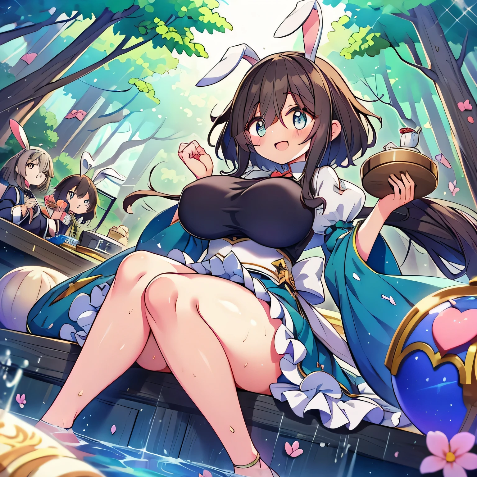 Anime illustration、highest quality、Fairy tale、Fantasy、Alice in Wonderland、plump female traveler、Bunny ears、A luxurious forest tea ceremony、Long machine、Thick legs、Beautiful, shining eyes、smile、Noise Reduction