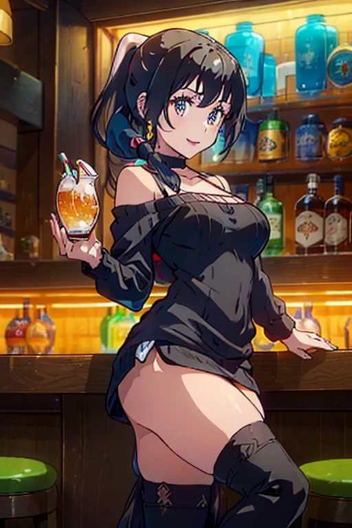 (from below:1.5),(from side:0.9), ((Face)), (Close-Up:1.2), masterpiece,"A 26-year-old girl stands at a bar counter. She is dressed in a stylish off-shoulder dress, sweater dress, off-shoulder sweater, red sweater,garter stocking, :1.1, midriff, black shorts, black thighhighs, thigh strap, pretty girl, (highly detailed beautiful face and eyes,firm breasts)kin,((black,hair,long pony tail hair)),thin pubic hair,cute and lovely pose, detailed eyes, This masterpiece is only visually stunning but also tells,(double breasted:0.6,unst:0.6),(with sparkling eyes and a contagious smile),open mouth. The bar is beautiful, with colorful bottles of alcohol in the background and a soft glow from neon lights. The atmosphere is relaxed, and the girl looks confident and fashionable.",full body, sexy pose,make a cockl , in a bar coun Looking at Viewer,