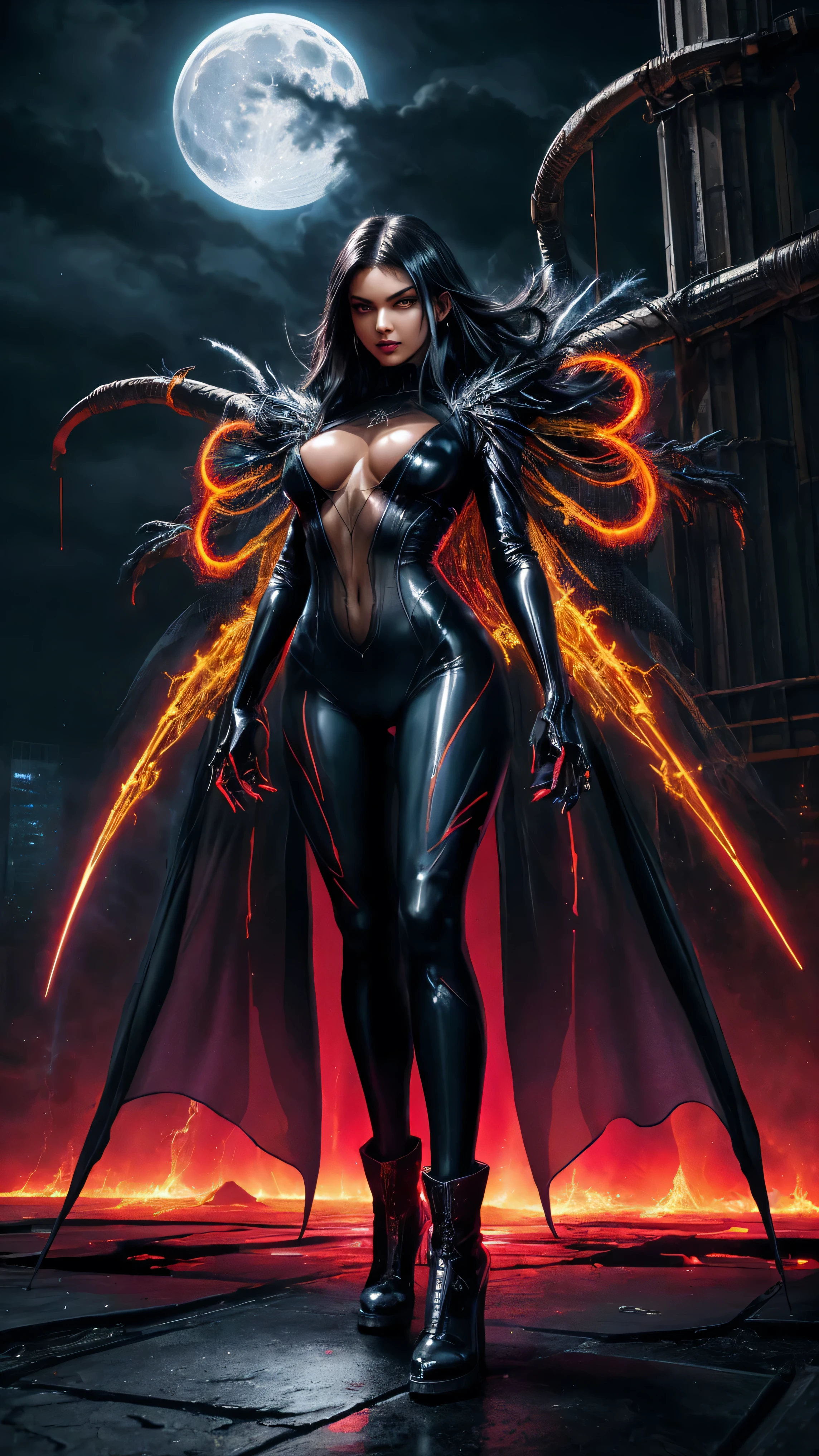 (Full body closeup:1.2),
([Nina Dobrev|Emily Ratajkowski]:1.1) woman, centered, witch, dark, (huge moon, symmetric full moon:1.1), dynamic motion, action shot,
(wearing see through transparent gauze bodysuit:1.2), glossy, see-through clothes, vivid vibrant glowing neon toxic colors, triadic colors,

glowing blue eyes, detailed pupils, glowing eyes,
teeth, cuspids, sharp teeth,
wearing industrial goth clothes,

Firestorm, flame, burning skies, glowing colors, backlight, glowing contours, outline, gold highlights,

spiderwebs, dripping blood, elegant, fit, fashion, beautiful,


lightning bolts at background, storm, tornado, 
disney artwork, unreal engine, artstation, detailed, digital painting, cinematic, unreal 5, daz, hyperrealistic, octane render,