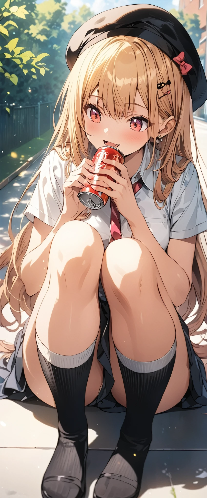 (masterpiece, best_quality), extremely detailed CG unity 8k wallpaper, super fine illustration, (anime_style), Woman posing for a photo, A shy smile, Small open mouth, Long Hair, Straight hair, Fine skin, Beautiful Hands, Beautiful fingers, Wearing a beret, tie, Small breasts, Short sleeve blouse, Pleated skirt, Thighs, Absolute area, Knee socks, Daytime, Hot summer day, School, Schoolyard, Sitting on a bench, holding Canned juice, Natural light, Detailed face:1.2, Sharp focus, Hasselblad Photos, masterpiece, light makeup, Cinematic lighting, 4k, sharpness, Anime Style, whole body, Canned juice, BREAK looking at another, perfect anatomy, perfect body, (perfect arms), (perfect hands, perfect fingers), perfect legs, perfect feet, perfect toes, 5_fingers, (4_fingers,1_thumbs),