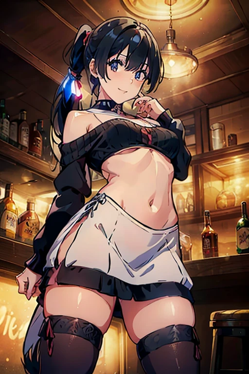 (from below:1.5),(from side:0.9), ((Face)), (Close-Up:1.2), masterpiece,"A 26-year-old girl stands at a bar counter. She is dressed in a stylish off-shoulder dress, sweater dress, off-shoulder sweater, red sweater,garter stocking, cleavage:1.1, midriff, black shorts, black thighhighs, thigh strap, pretty girl, (highly detailed beautiful face and eyes,firm breasts),real skin,((black,hair,long pony tail hair)),thin pubic hair,cute and lovely pose, detailed eyes, This masterpiece is only visually stunning but also tells,(double breasted:0.6,under bust:0.6),(with sparkling eyes and a contagious smile),open mouth. The bar is beautiful, with colorful bottles of alcohol in the background and a soft glow from neon lights. The atmosphere is relaxed, and the girl looks confident and fashionable.",full body, sexy pose,make a cocktail , in a bar counter, Looking at Viewer,