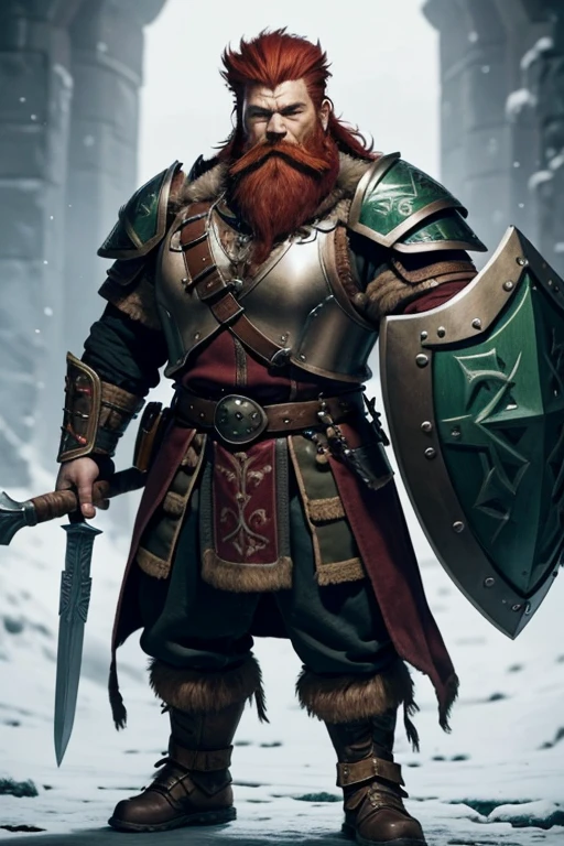 An older and short male dwarf with broad shoulders dressed in furs and plate armour etched with glowing runes , he's holding a shield and a flail, his hair is red and in a tall mow-hawk, he has a long red beard, extensive tattoos on hos face and body are faded green