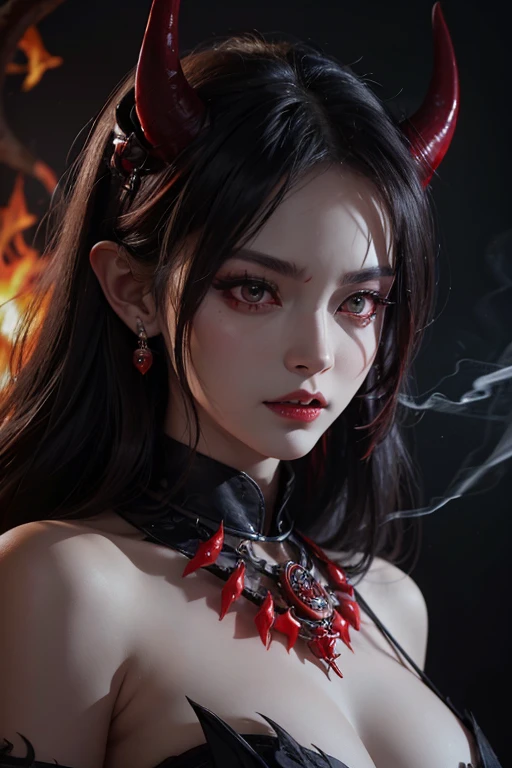 a devil according to Buddhist concept, fierce face, 2 sharp and scary horns, big eyes, red eyes, nose ring, fangs bared, long ears, red hot metal jewelry around his neck , masterpiece photos, 8K quality photos, backgrounds with smoke and fire and scary scenes