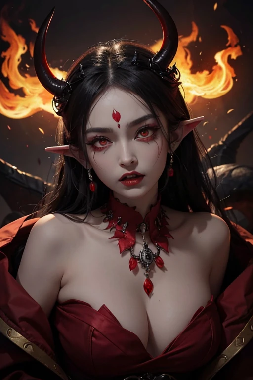 a devil according to Buddhist concept, fierce face, 2 sharp and scary horns, big eyes, red eyes, nose ring, fangs bared, long ears, red hot metal jewelry around his neck , masterpiece photos, 8K quality photos, backgrounds with smoke and fire and scary scenes