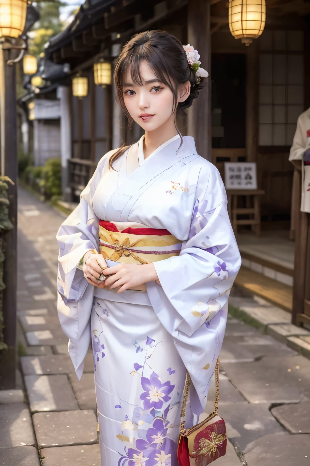 (16k), (highest quality: 1.2), (Realistic), (Realistic: 1.37), Very detailed, Professional Lighting, Reference Version, Araffe woman in white kimono with purple purse and purple purse, kimono, Elegant yukata, kimono, royal kimono, yukata, Haori, wearing Japan kimono, Japanese style, Wearing a colorful yukata, pale colored kimonofemale, kimono, Japanese women, Traditional Japanese