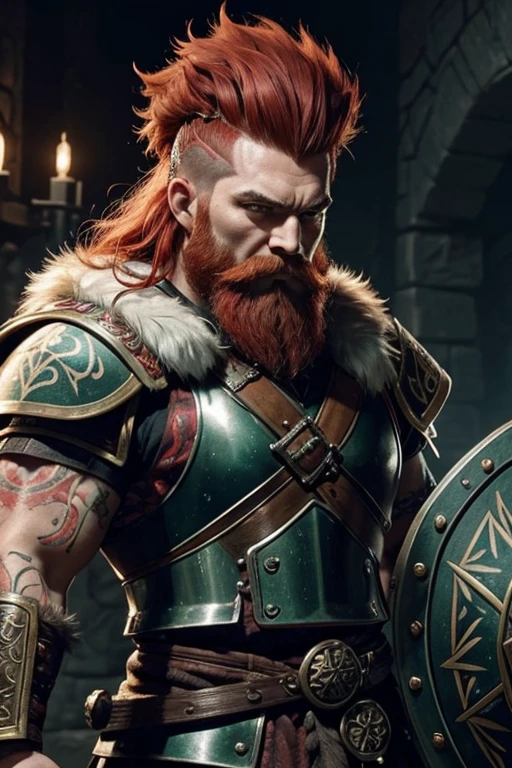 An older and short male dwarf with broad shoulders dressed in furs and plate armour etched with glowing runes , he's holding a shield and a flail, his hair is red and in a tall mow-hawk, he has a long red beard, extensive tattoos on hos face and body are faded green