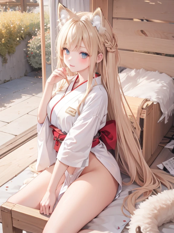 masterpiece, highest quality, Very detailed, 16k, Ultra-high resolution, Cowboy Shot, One 14-year-old girl, Detailed face, Perfect Fingers, Fox Ears, tail, Golden Eyes, Blonde, Long Hair, Red kimono, White panties, japanese mansion, wooden building, Japanese garden, Ishigaki, Gravel road, Big Stone, Plants, Go out to the garden, Lie down