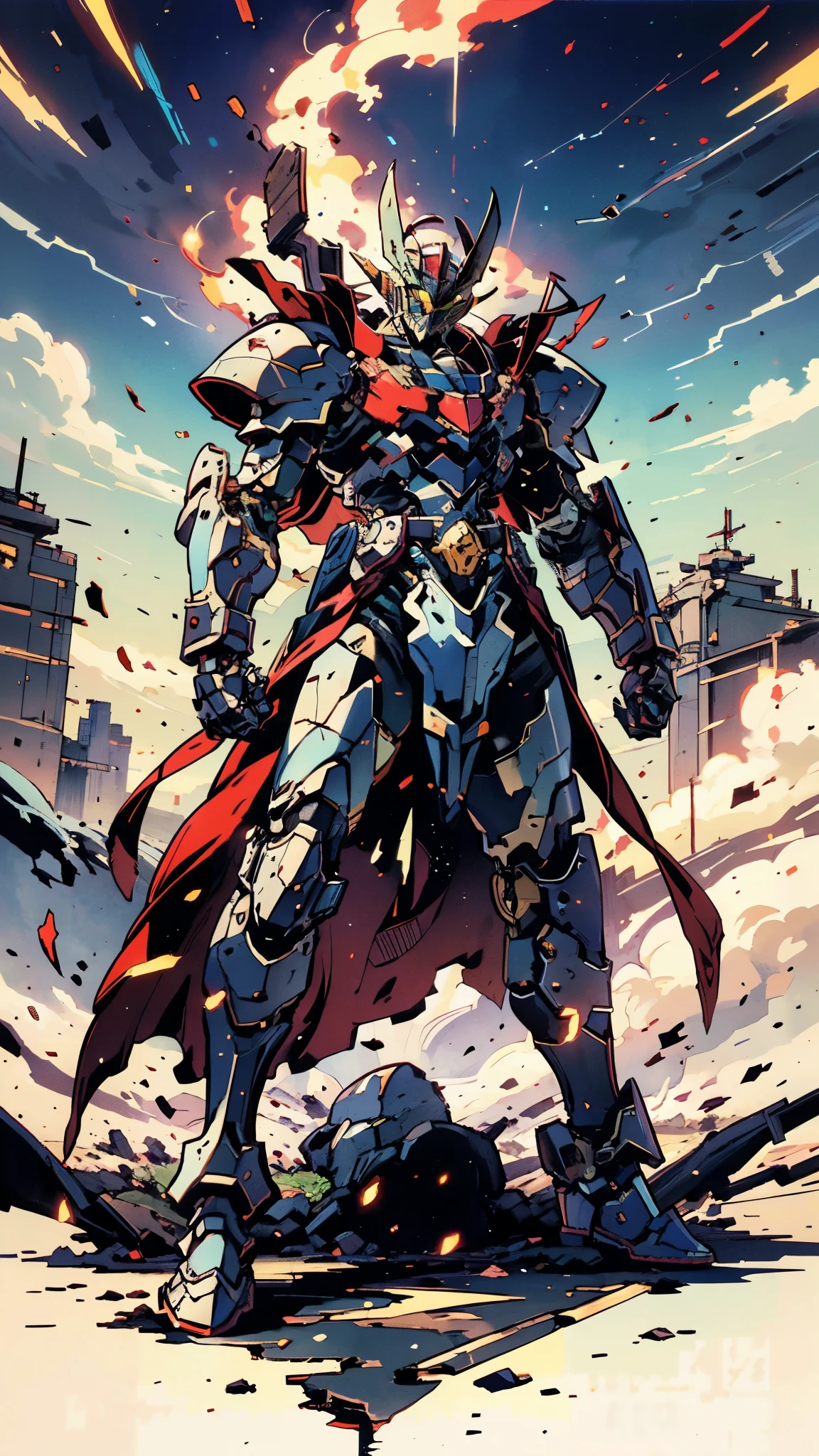 A man wearing a full-face helmet, a fantasy-style biotech armored combat suit, green eyes, (a composite layered chest armor), fully enclosed shoulder guards, matching arm and leg guards, the belt is adorned with Z mark, (the color scheme is primarily white with red and blue accents), the design balances heavy with agility, a high-tech bio-mecha armor, (Armor Concept Inspired by Mazinger Z, stand on the top of a skyscraper in a futuristic sci-fi city), this character embodies a finely crafted fantasy-surreal style armored hero in anime style, exquisite and mature manga art style, (battle damage, element, plasma, energy, the armor glows), ((male:1.5)), metallic, real texture material, dramatic, high definition, best quality, highres, ultra-detailed, ultra-fine painting, extremely delicate, professional, perfect body proportions, golden ratio, anatomically correct, symmetrical face, extremely detailed eyes and face, high quality eyes, creativity, RAW photo, UHD, 32k, Natural light, cinematic lighting, masterpiece-anatomy-perfect, masterpiece:1.5