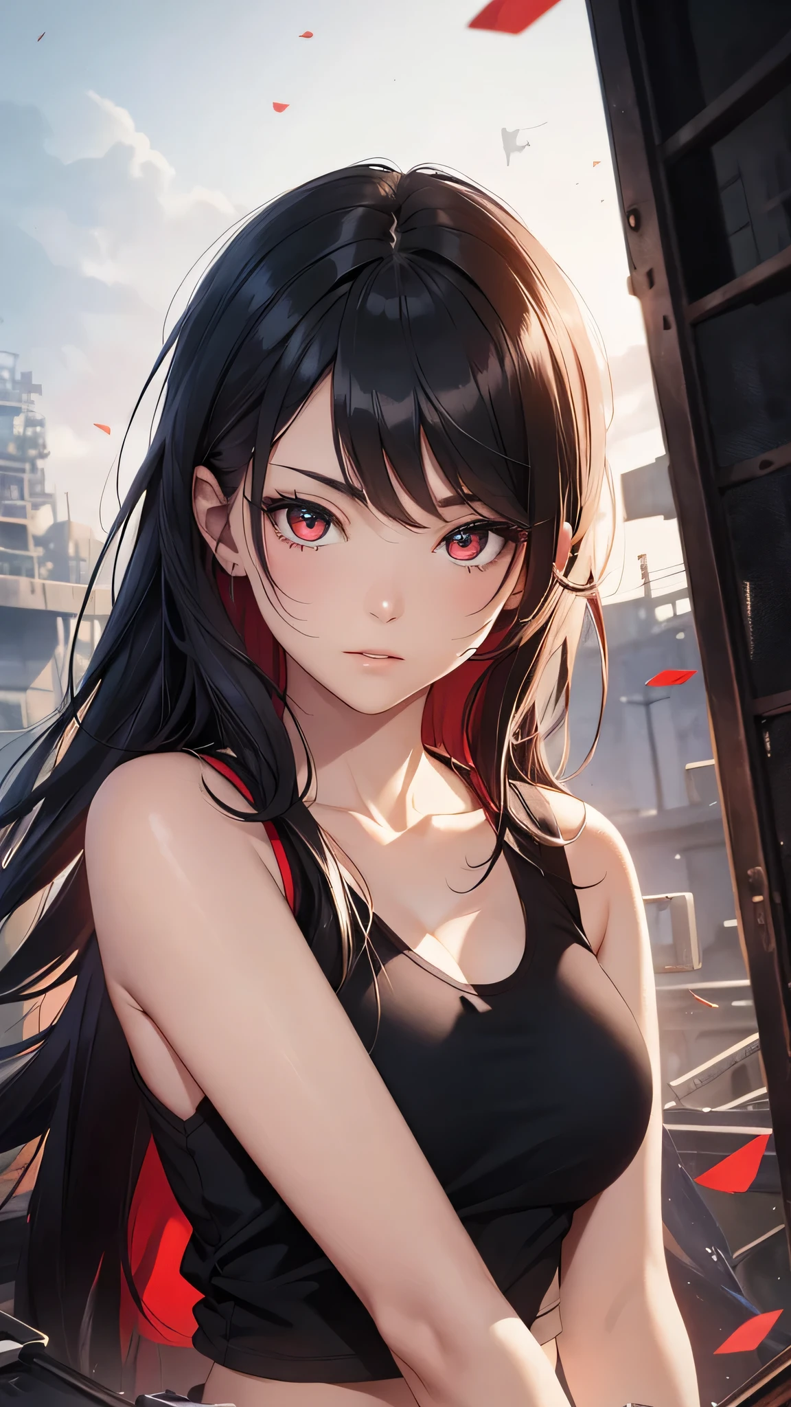 最high quality、Best image quality、masterpiece、girl((Age 25、 By becoming、Best Bust、Medium Bust,Wide open breast tea、Red glowing eyes,Black Hair、Red Mesh、Disheveled Hair、Lointail、thin,The highest valley、Open chest、Luminous Wristbands、hair ornaments、Show the whole body,Black tank top、Red Bandana、Military pantuscular、Survival knife)),high quality、Beautiful art、background((Photography room))、Flight、Flying debris、Written boundary depth、movie、Visual Arts、Perfect art、8K,Genuine,