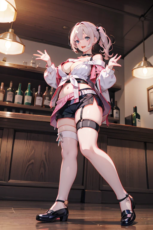 (from below:1.5),(from side:0.9), ((Face)), (Close-Up:1.2), masterpiece,"A 26-year-old girl stands at a bar counter. She is dressed in a stylish off-shoulder dress, sweater dress, off-shoulder sweater, red sweater,garter stocking, cleavage:1.1, midriff, black shorts, black thighhighs, thigh strap, pretty girl, (highly detailed beautiful face and eyes,firm breasts),real skin,((black,hair,long pony tail hair)),thin pubic hair,cute and lovely pose, detailed eyes, This masterpiece is only visually stunning but also tells,(double breasted:0.6,under bust:0.6),(with sparkling eyes and a contagious smile),open mouth. The bar is beautiful, with colorful bottles of alcohol in the background and a soft glow from neon lights. The atmosphere is relaxed, and the girl looks confident and fashionable.",full body, sexy pose,make a cocktail , in a bar counter, Looking at Viewer,