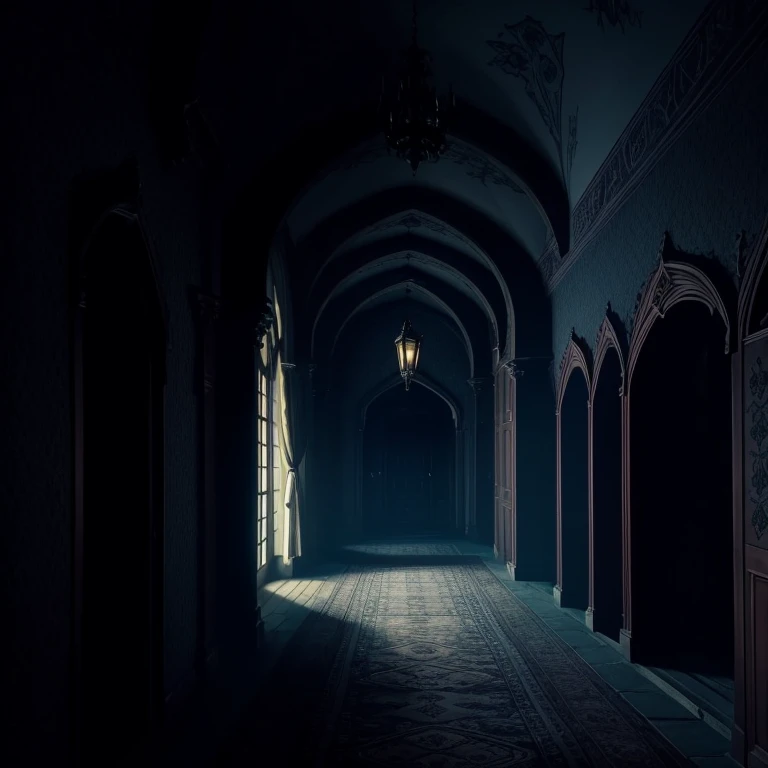 A haunted castle at night in a room which has two paths, one which leads to the armory and the other to the gardens