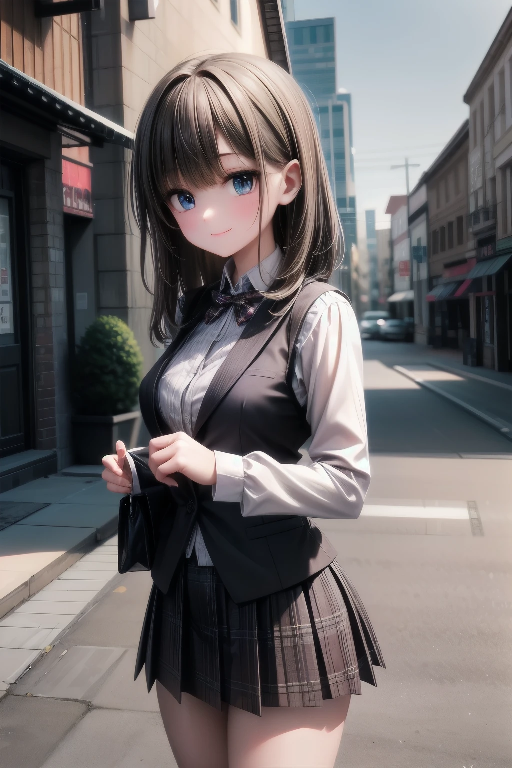 very cute and beautiful girl,(highly detailed beautiful face and eyes), standing in city square,town street,detailed legs,office lady plaid vest,long sleeve white blouse, (smile),looking at viewer,holding bag,tight pleated black mini skirt,black hair, (best quality,masterpiece),absurdres,highres,ultra-detailed,extremely detailed,32k,8k resolution, intricate details,cinematic scene,detailed background,solo,dynamic angle,