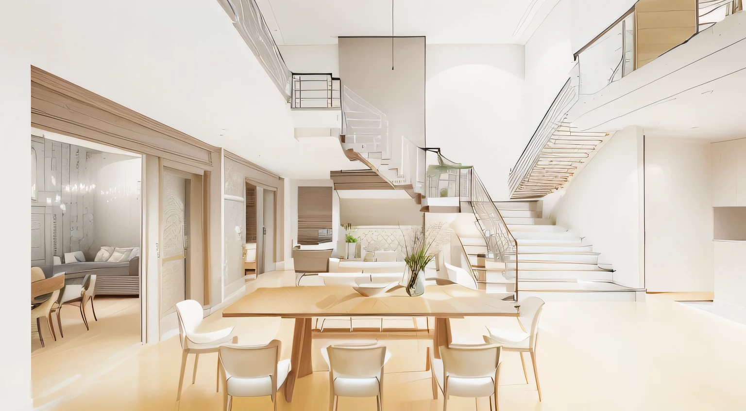 there is a drawing of a dining room with a staircase, architectural rendering, detailed rendering, detailed renderings, comprehensive 2 d render, interior background art, interior architecture view, dramatic rendering, a photorealistic rendering, interior background, cg rendering, precise architectural rendering, concept illustration, conceptual rendering, beautiful rendering, neotraditional modern minimalist, rendered illustration, by Pamela Drew